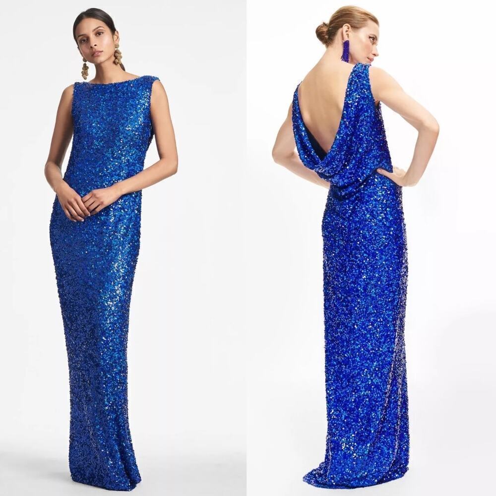 NWT Sachin + Babi Mariah Gown Cobalt Blue Cowl Back Sequin Holiday NYE Size 2